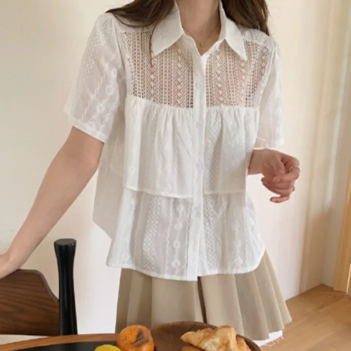 Summer 2026 Casual Embroidered Short Sleeve Shirt Patchwork Design Sensation Fashionable See-through Ladies Cotton Blend Top
Summer 2026 Casual Embroidered Short Sleeve Shirt Patchwork Design Sensation Fashionable See-through Ladies Cotton Blend Top