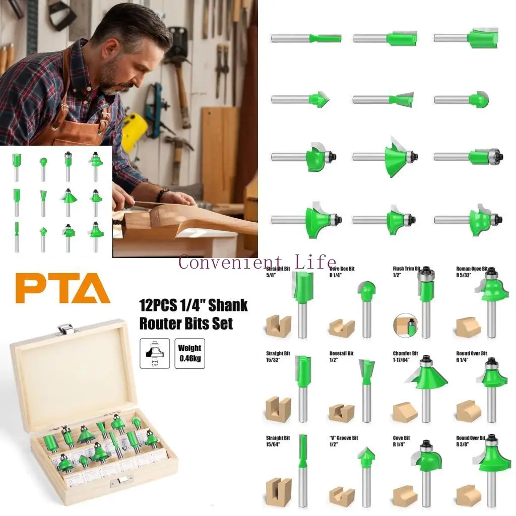L1EE Durability Router Bit Set 12Piece 1/4Inch Shank For Wood Plastic Composite Carving Grooving Tool for Smooth Cutting
L1EE Durability Router Bit Set 12Piece 1/4Inch Shank For Wood Plastic Composite Carving Grooving Tool for Smooth Cutting