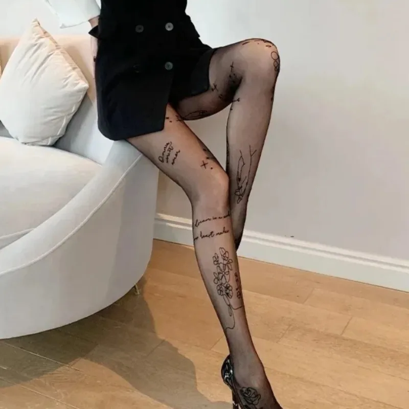 Women Sexy Tights with Patterned Tattoos Pantyhose Inscriptions Flower Letter Ladies Thin Long Black Stockings 
Women Sexy Tights with Patterned Tattoos Pantyhose Inscriptions Flower Letter Ladies Thin Long Black Stockings