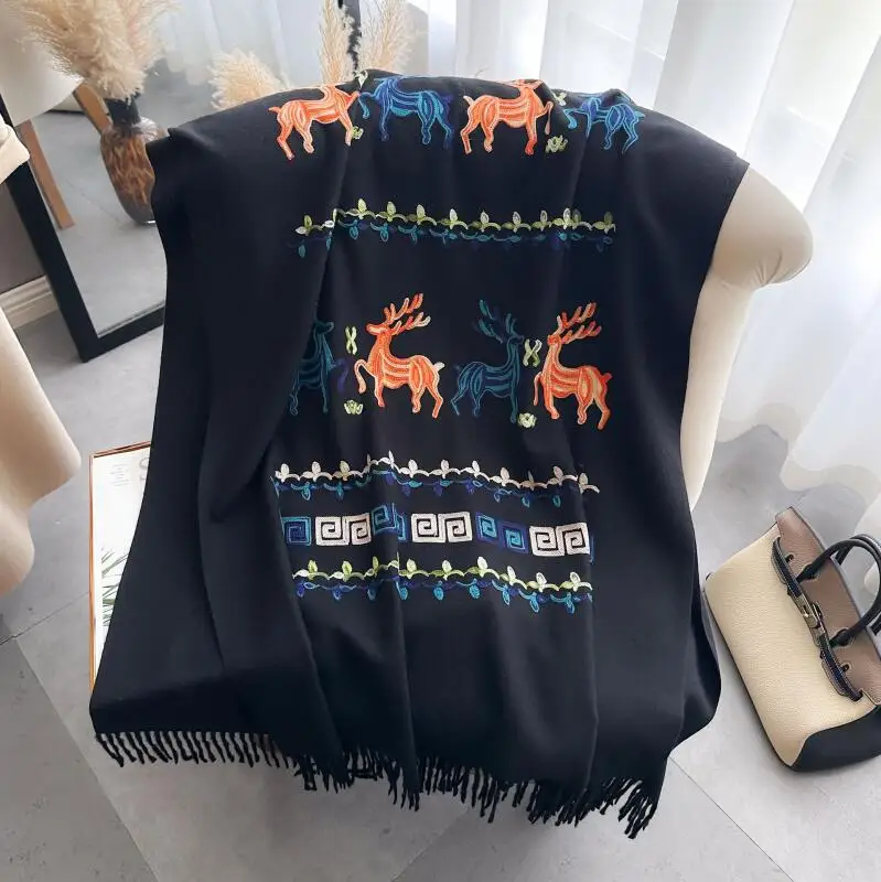 Vintage Colorful Deer Embroidery Shawl Women Thick Faux Cashmere Scarf Outdoor Travel Vacation Tassel Warm Outer Wrap Scarves
Vintage Colorful Deer Embroidery Shawl Women Thick Faux Cashmere Scarf Outdoor Travel Vacation Tassel Warm Outer Wrap Scarves
