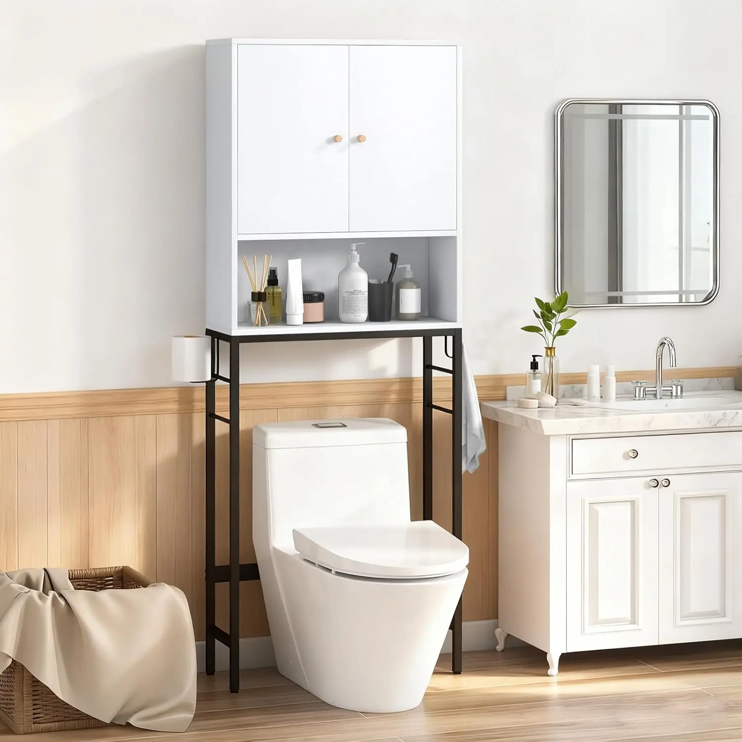 Over The Toilet Storage Cabinet, Bathroom Space Saver W/Toilet Paper Holder & Hook, Adjustable Shelf & Bottom Bar, Open Stora
Over The Toilet Storage Cabinet, Bathroom Space Saver W/Toilet Paper Holder & Hook, Adjustable Shelf & Bottom Bar, Open Stora