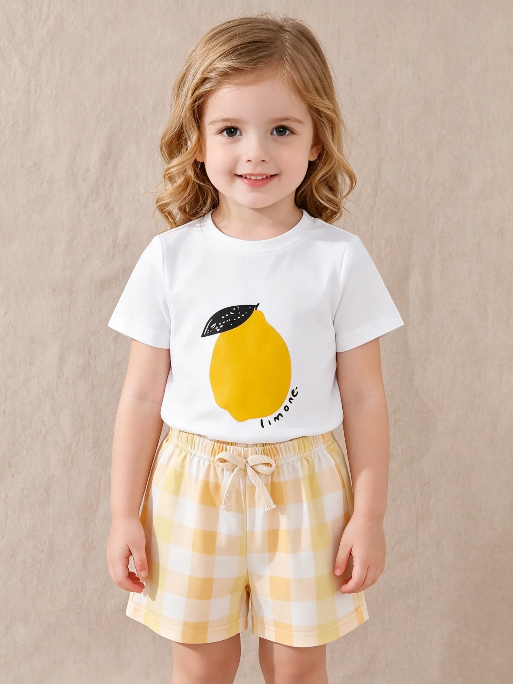 Girls Summer Lemon Print Casual Set White Short Sleeve T-Shirt Yellow And White Plaid Shorts Two-Piece Set for Baby Girls
Girls Summer Lemon Print Casual Set White Short Sleeve T-Shirt Yellow And White Plaid Shorts Two-Piece Set for Baby Girls
