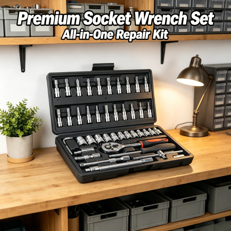 Black 46Pcs Socket Tool Set, 1/4 Inch Ratchet Wrench Kit, Sturdy Portable Hand Tools for Car and Home Daily Repairs
Black 46Pcs Socket Tool Set, 1/4 Inch Ratchet Wrench Kit, Sturdy Portable Hand Tools for Car and Home Daily Repairs