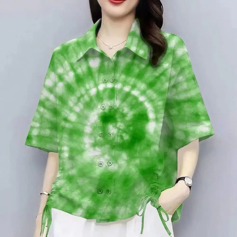 Loose Fit Casual Shirt Stylish Women's Tie Dye Print Shirt with Drawstring Design Casual Lapel Short Sleeve Double for Summer
Loose Fit Casual Shirt Stylish Women's Tie Dye Print Shirt with Drawstring Design Casual Lapel Short Sleeve Double for Summer