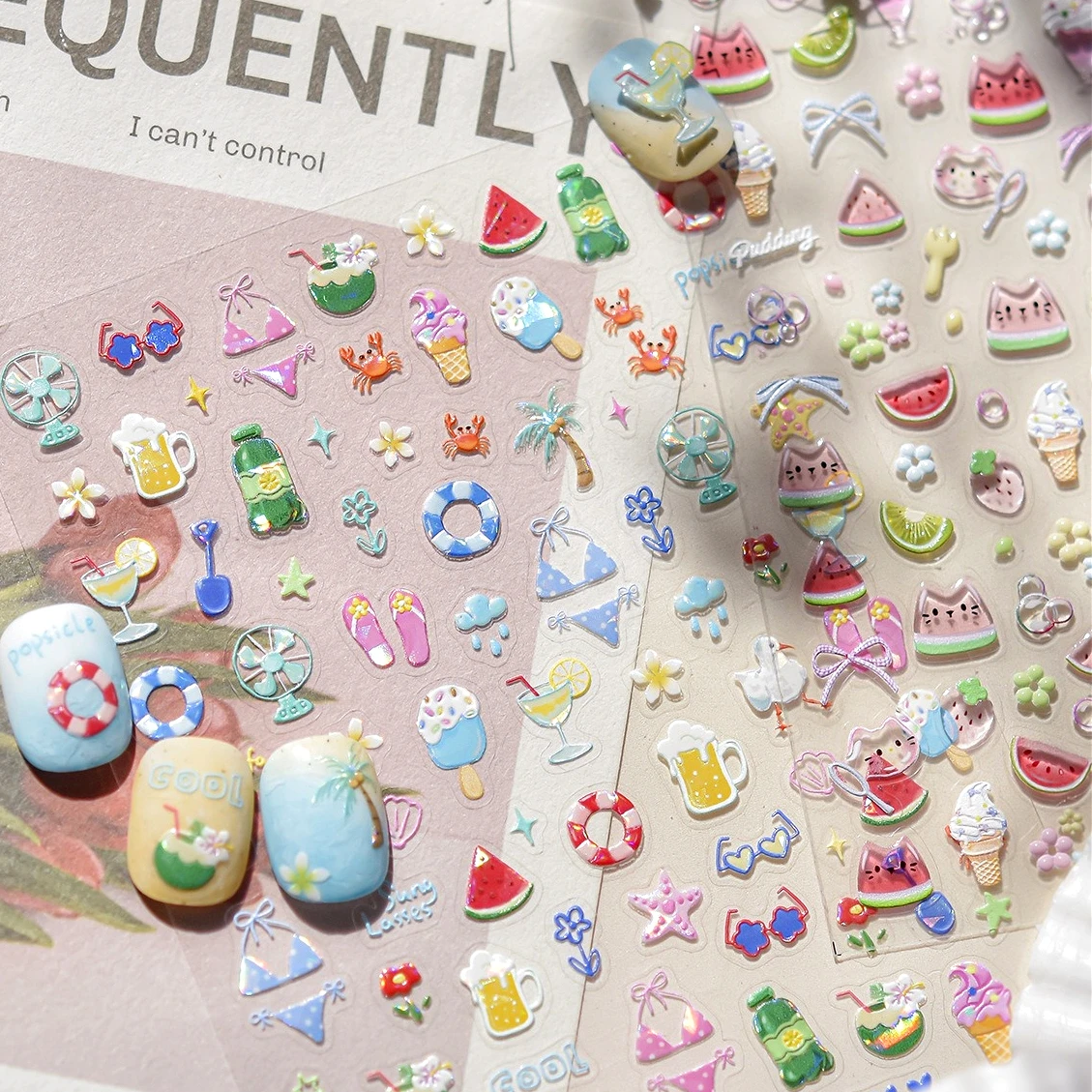 Summer Beach Bikini Watermelon Cat Popsicle Swim Ring Ice Cream Shell Coconut Tree Nail Art Decoration Stickers Manicure Decals
Summer Beach Bikini Watermelon Cat Popsicle Swim Ring Ice Cream Shell Coconut Tree Nail Art Decoration Stickers Manicure Decals