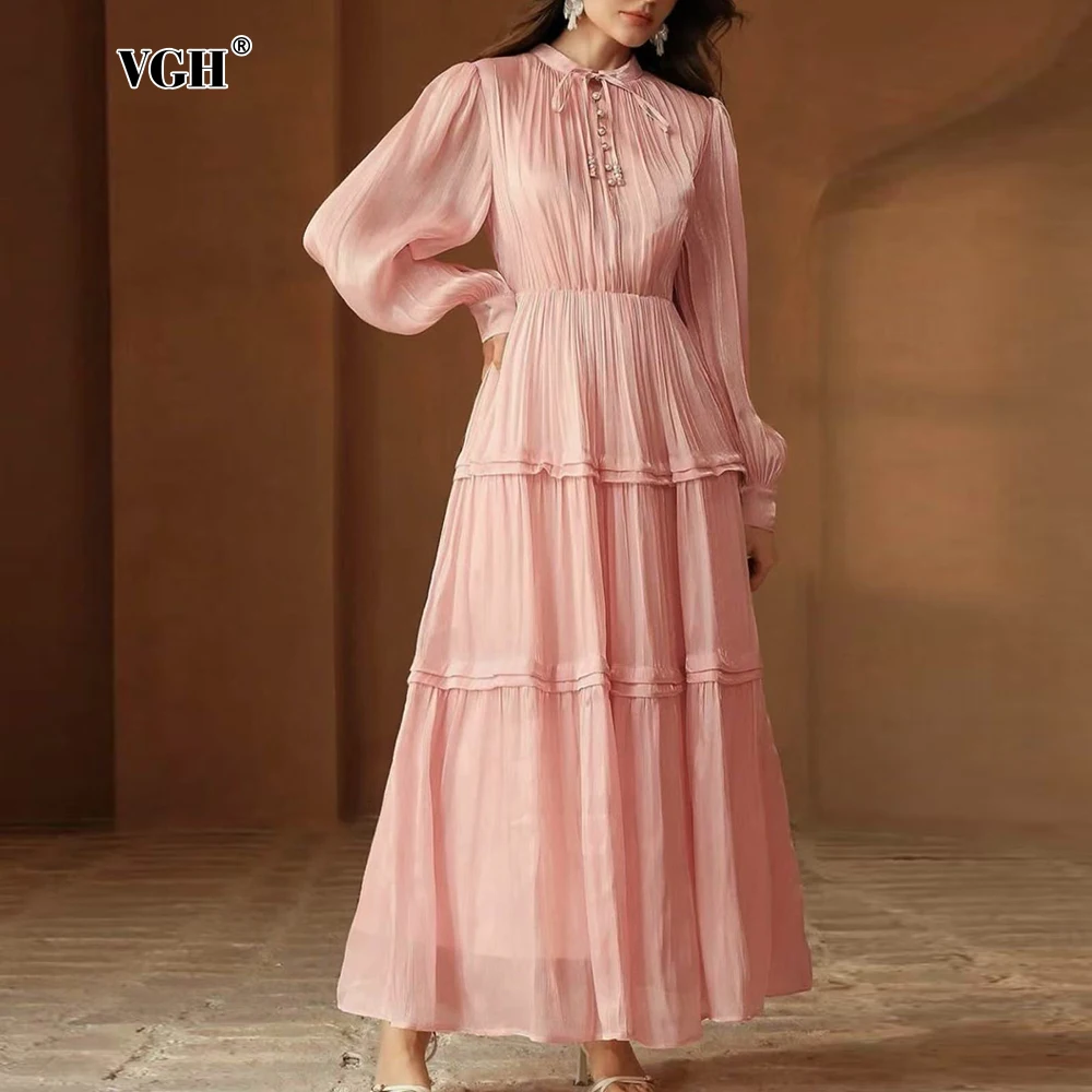 VGH French Elegant Spliced Lace Up Dress for Women Stand Collar Long Sleeve High Waist Folds Solid Color A Line Dresses Female 
VGH French Elegant Spliced Lace Up Dress for Women Stand Collar Long Sleeve High Waist Folds Solid Color A Line Dresses Female