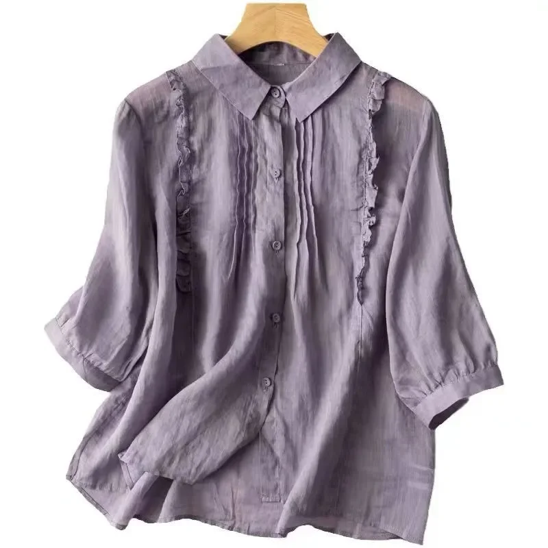 Purple Linen Blend Shirt Women Ruffled Pleated Casual Short Sleeve Summer Blouse
Purple Linen Blend Shirt Women Ruffled Pleated Casual Short Sleeve Summer Blouse