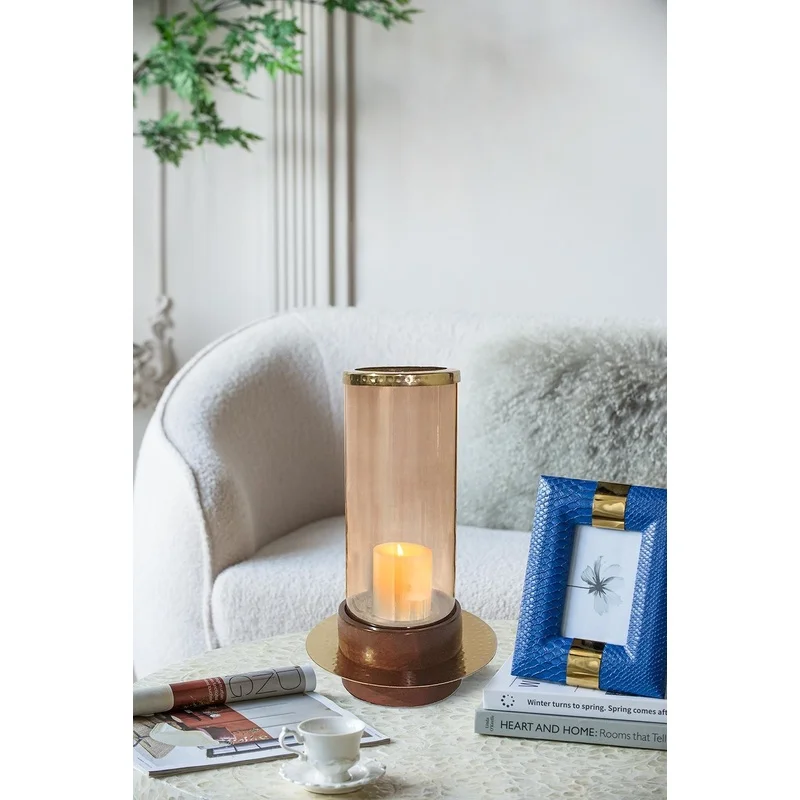 Large Amber Glass Hurricane Candle Holder with Acacia Wood Base
Large Amber Glass Hurricane Candle Holder with Acacia Wood Base