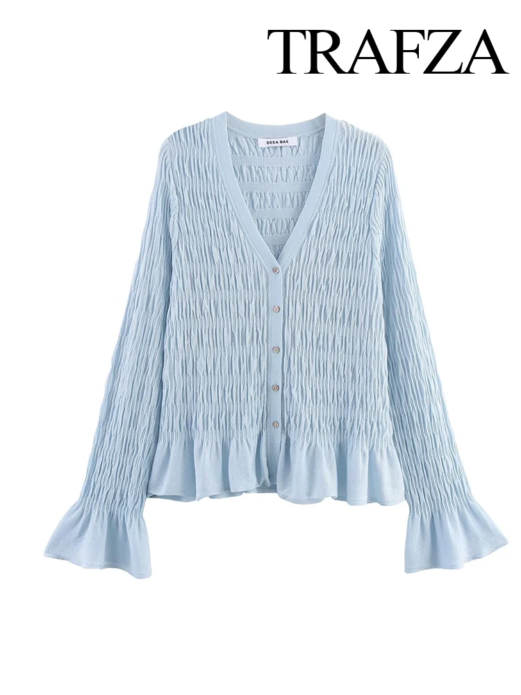 TRAZFA Women Autumn New Versatile Pleated Ruffled V-neck Knit Coat Female Fashion Sweet Single Breasted Casual Slim Cardigan Top
TRAZFA Women Autumn New Versatile Pleated Ruffled V-neck Knit Coat Female Fashion Sweet Single Breasted Casual Slim Cardigan Top