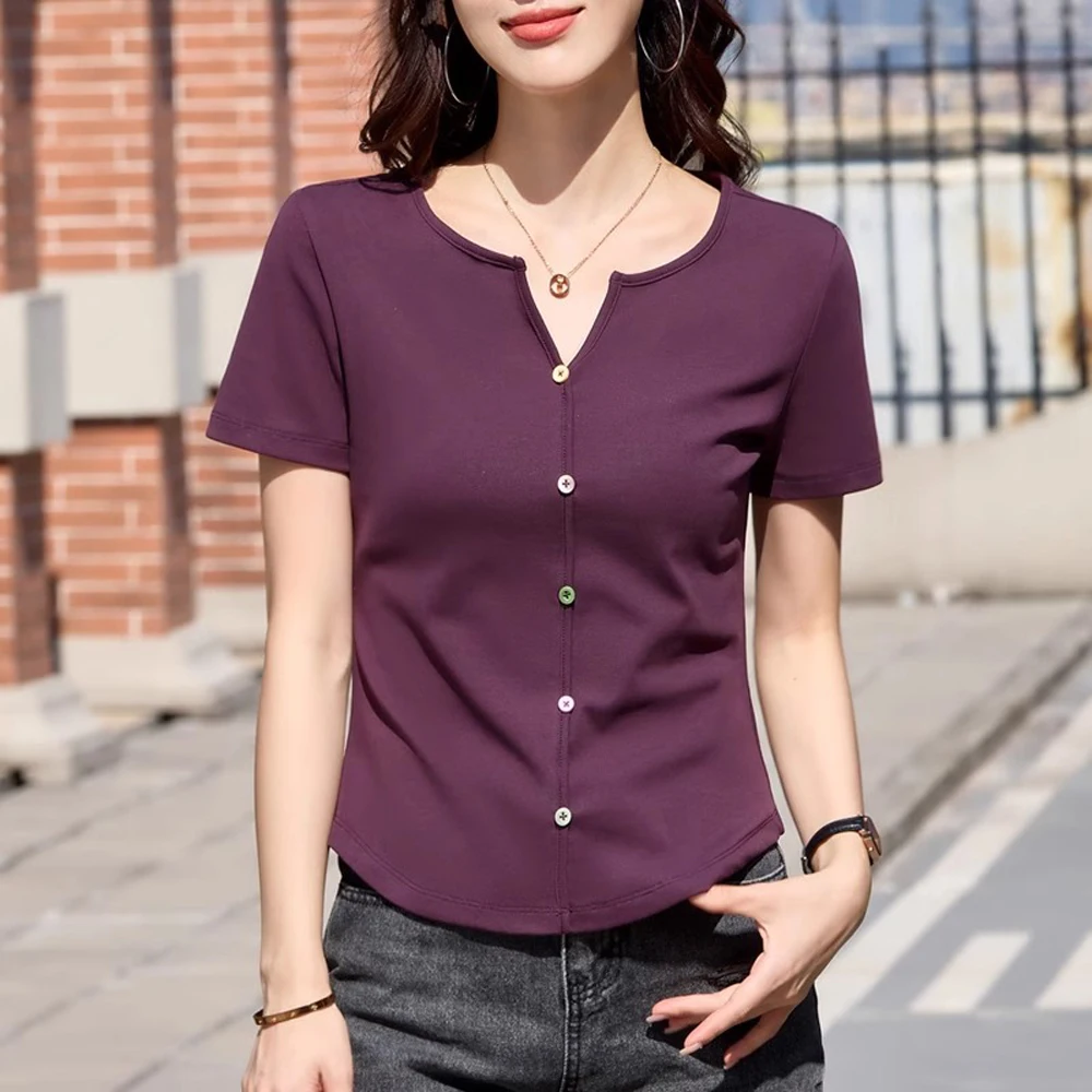 European style purple short sleeved T-shirt for women's summer new high-end fashion plus size high waist V-neck short casual top
European style purple short sleeved T-shirt for women's summer new high-end fashion plus size high waist V-neck short casual top