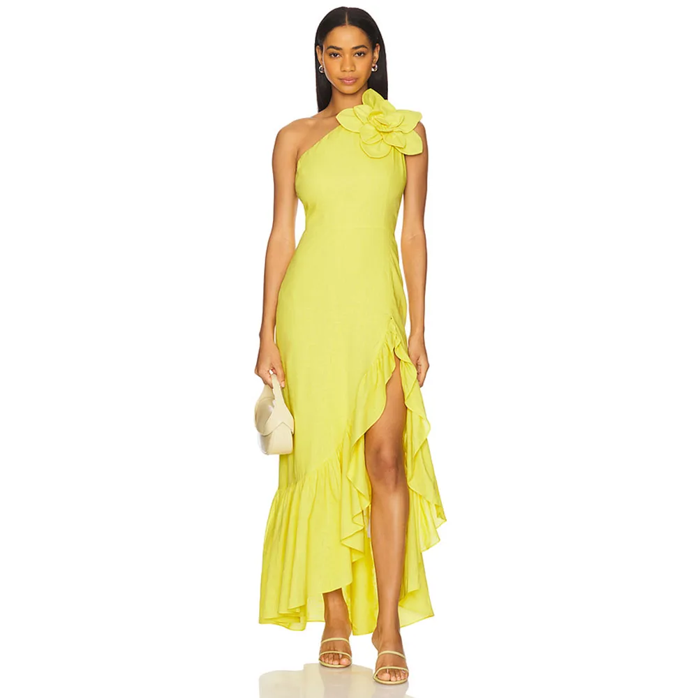 Beauty One Shoulder Evening Dress With Flower Mermaid Yellow Prom Gown For Wedding Ankel Length Ruffles Formal Slit Party Dress
Beauty One Shoulder Evening Dress With Flower Mermaid Yellow Prom Gown For Wedding Ankel Length Ruffles Formal Slit Party Dress