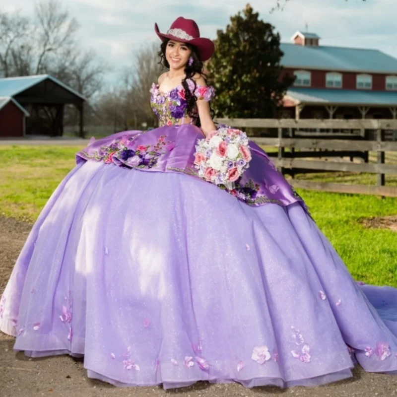 Lavender Shiny Quinceanera Dresses Off Shoulder Ball Gown Sweet 16 Dress Applique Flower Corset Tull Birthday Party Vestidos 15
Lavender Shiny Quinceanera Dresses Off Shoulder Ball Gown Sweet 16 Dress Applique Flower Corset Tull Birthday Party Vestidos 15