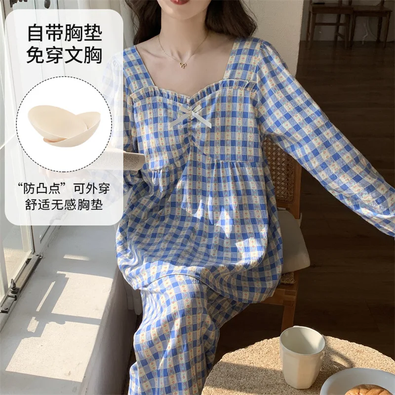 Plaid Pajamas Set with Bra Pad for Women Long Sleeves Sleeping Top Pant Home Clothes Young Girl Female Sweet Nightwear Dropship
Plaid Pajamas Set with Bra Pad for Women Long Sleeves Sleeping Top Pant Home Clothes Young Girl Female Sweet Nightwear Dropship