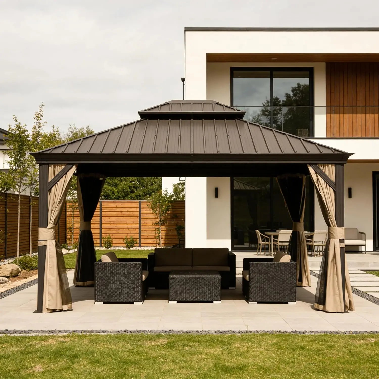 !@11 X 13FT Outdoor Metal Gazebo, Hardtop Gazebo with Galvanized Steel Double Roof and Drainage, Curtains & Netting, Brown
!@11 X 13FT Outdoor Metal Gazebo, Hardtop Gazebo with Galvanized Steel Double Roof and Drainage, Curtains & Netting, Brown