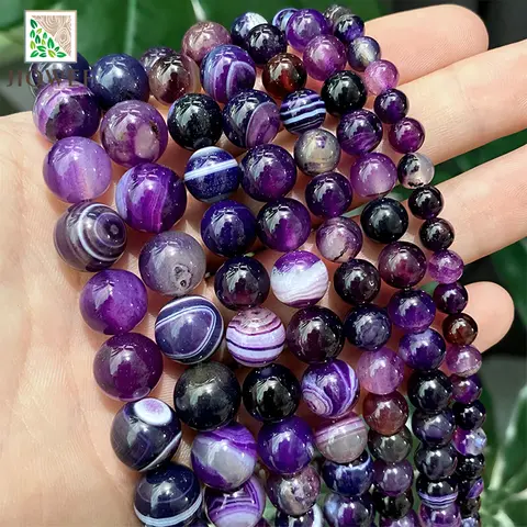 Natural Stone Purple Banded Lace Striped Agates Round Beads Diy Bracelet for Fashion Jewelry Making 15" Strand 4/6/8/10/12/14MM