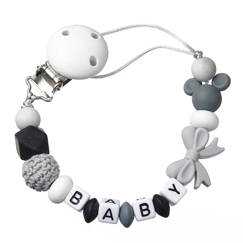 Custom Name Mickey Silicone Pacifier Clip Gray White Bow Beaded Dummy Holder Baby Teething Toy Stroller Chain Gift
Custom Name Mickey Silicone Pacifier Clip Gray White Bow Beaded Dummy Holder Baby Teething Toy Stroller Chain Gift