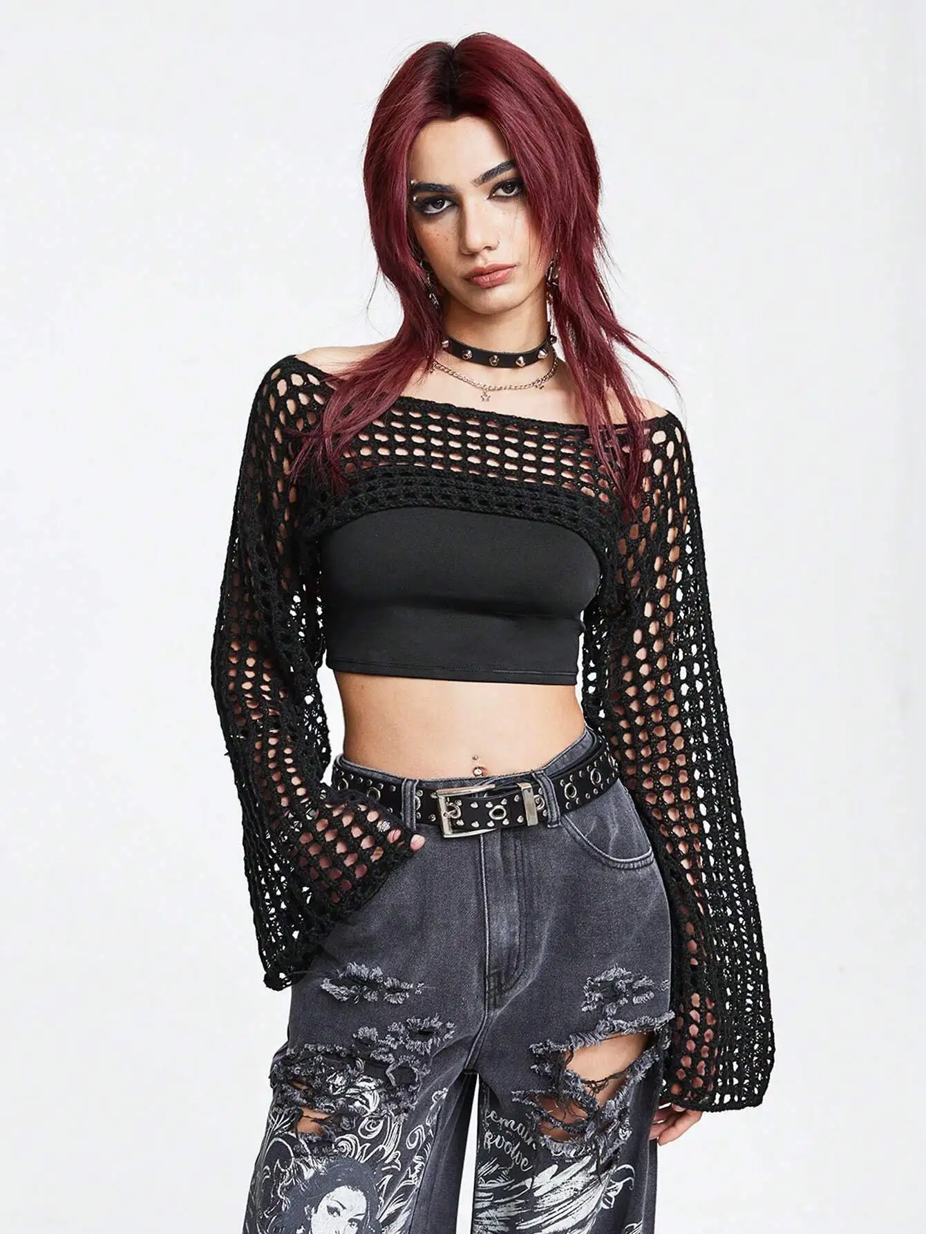 Черный ажурный топ с длинными рукавами, в готическом панк-стиле, для лета
Черный ажурный топ с длинными рукавами, в готическом панк-стиле, для лета