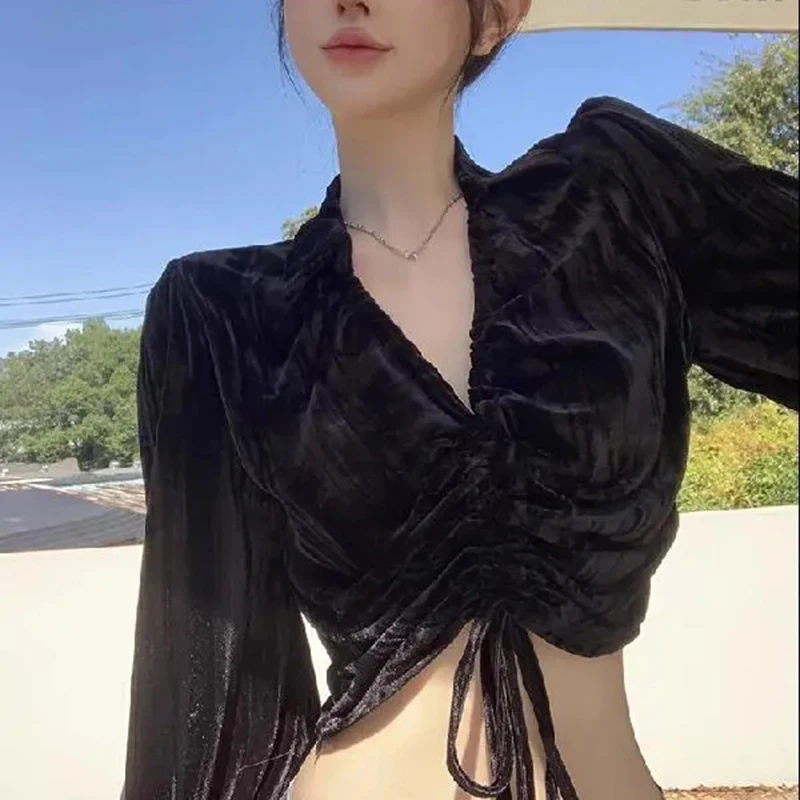 French Elegant Black Blouse Women V Neck Long Sleeve Velvet Drawstring Shirt Fashion Casual Sweet Sunproof Spring Cropped Top
French Elegant Black Blouse Women V Neck Long Sleeve Velvet Drawstring Shirt Fashion Casual Sweet Sunproof Spring Cropped Top