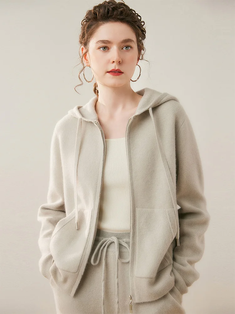 Casual Hooded Cardigan Sweater 100% Cashmere Women's Sweater Thicked Warm Clothes Drawstring Pocket Cozy Autumn Winter Knitwear
Casual Hooded Cardigan Sweater 100% Cashmere Women's Sweater Thicked Warm Clothes Drawstring Pocket Cozy Autumn Winter Knitwear