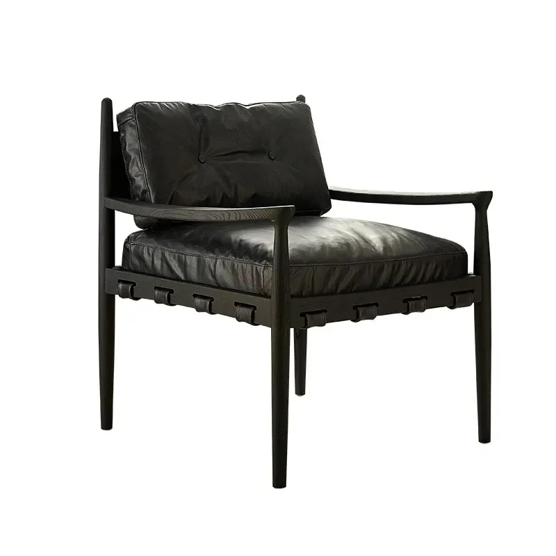 French retro single solid wood sofa chair black leather leisure chair home reading chair 
French retro single solid wood sofa chair black leather leisure chair home reading chair