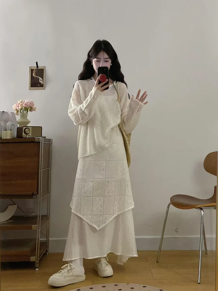 Artistic Layered Dress Women's Summer Two-Piece Set Shoulder Bared Hollow Knitted Cover up Elegant Strap Long Skirt Ensemble
Artistic Layered Dress Women's Summer Two-Piece Set Shoulder Bared Hollow Knitted Cover up Elegant Strap Long Skirt Ensemble