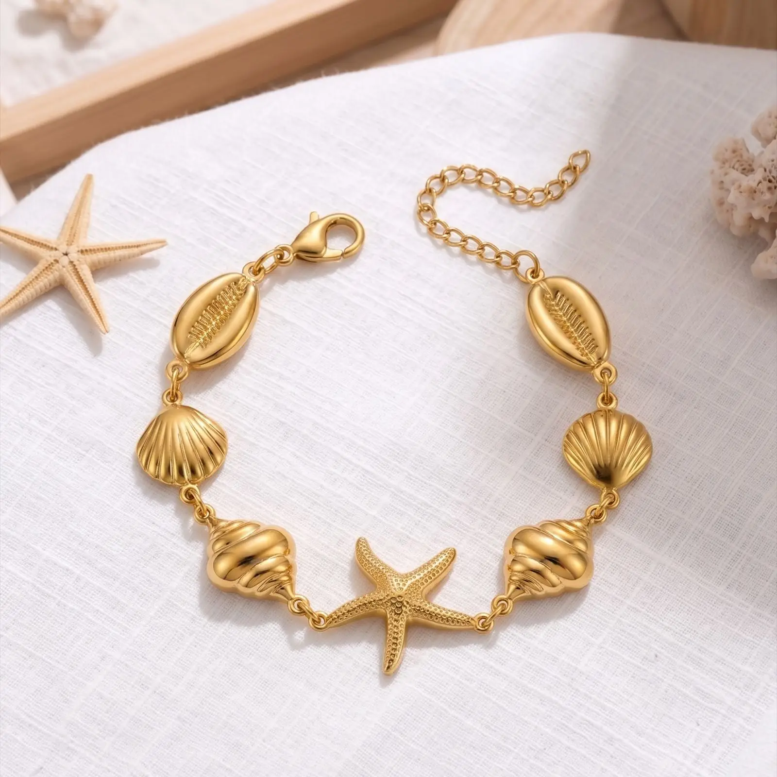 Waterproof No Fade Stainless Steel Ocean Charm Bracelet Shell Starfish Conch Gold Plated Summer Beach Jewelry For Women
Waterproof No Fade Stainless Steel Ocean Charm Bracelet Shell Starfish Conch Gold Plated Summer Beach Jewelry For Women
