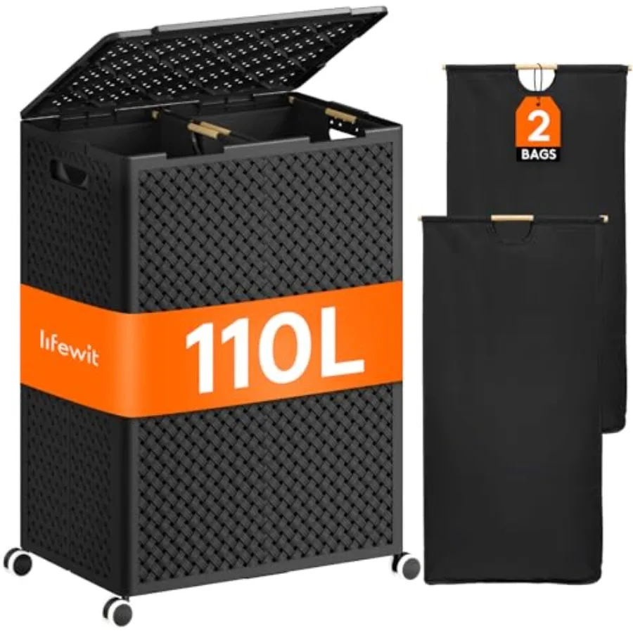 110L Plastic Double Laundry Basket with Lid Collapsible 2 Section Clothes Hamper with Wheels and Removable Bags Large Rolling 2
110L Plastic Double Laundry Basket with Lid Collapsible 2 Section Clothes Hamper with Wheels and Removable Bags Large Rolling 2