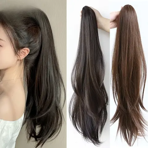Grab Clip Ponytail Hair Extension Wig Natural Black 60CM Clip On Woman Horse tail Wig Long Straight Hairpiece