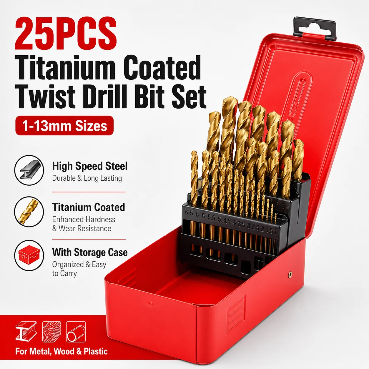 25PCS M35 Cobalt Twist Drill Bit Set, HSS High Speed Steel For Metal, Stainless Steel, Wood, In Durable Iron Storage Box
25PCS M35 Cobalt Twist Drill Bit Set, HSS High Speed Steel For Metal, Stainless Steel, Wood, In Durable Iron Storage Box