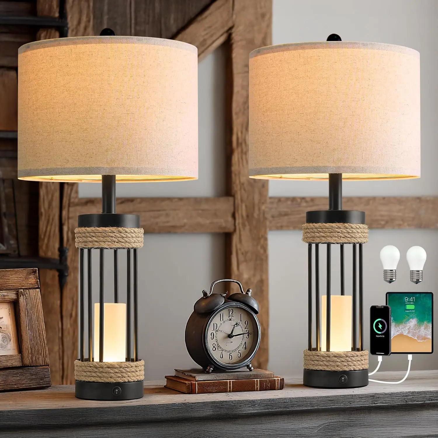 25" Table Lamps Set of 2 with Night Light, USB C+A Charging Ports, Black Metal with Rope Accent, Farmhouse Bedside Lamps for Living Room
25" Table Lamps Set of 2 with Night Light, USB C+A Charging Ports, Black Metal with Rope Accent, Farmhouse Bedside Lamps for Living Room