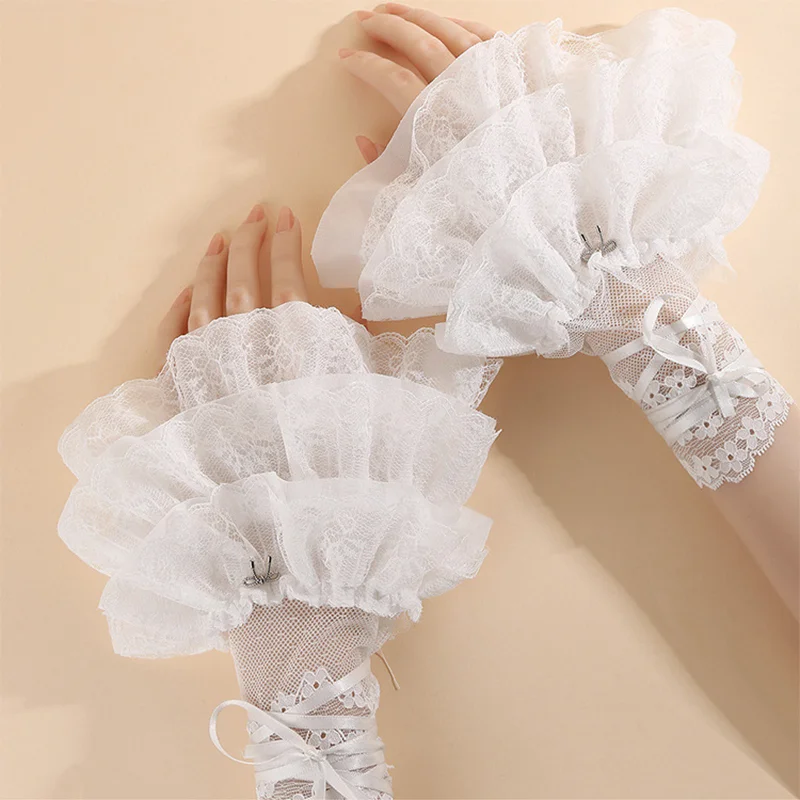 Trendy Lace Tiered Floral False Sleeves Girls Lolita Strappy Bow Gloves Sweet Elastic Ruffled Decorative Wrist Cuffs 
Trendy Lace Tiered Floral False Sleeves Girls Lolita Strappy Bow Gloves Sweet Elastic Ruffled Decorative Wrist Cuffs