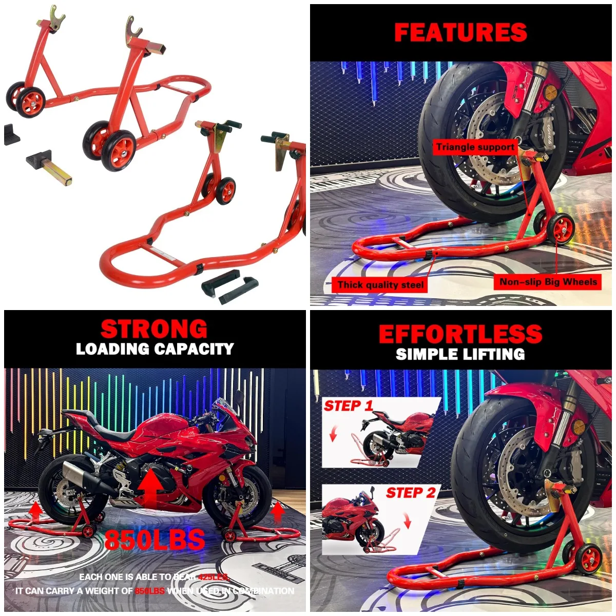Motorcycle Front and Rear Stand, Universal Wheel Lift Paddock Stand Red
Motorcycle Front and Rear Stand, Universal Wheel Lift Paddock Stand Red