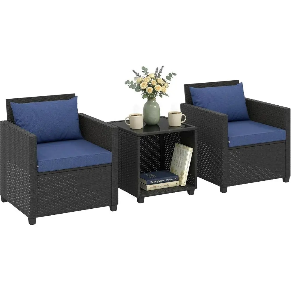 3-Piece Outdoor Wicker Bistro Set with Glass Table and Cushioned Chairs for Patio, Balcony, Garden, Backyard in Navy Blue
3-Piece Outdoor Wicker Bistro Set with Glass Table and Cushioned Chairs for Patio, Balcony, Garden, Backyard in Navy Blue