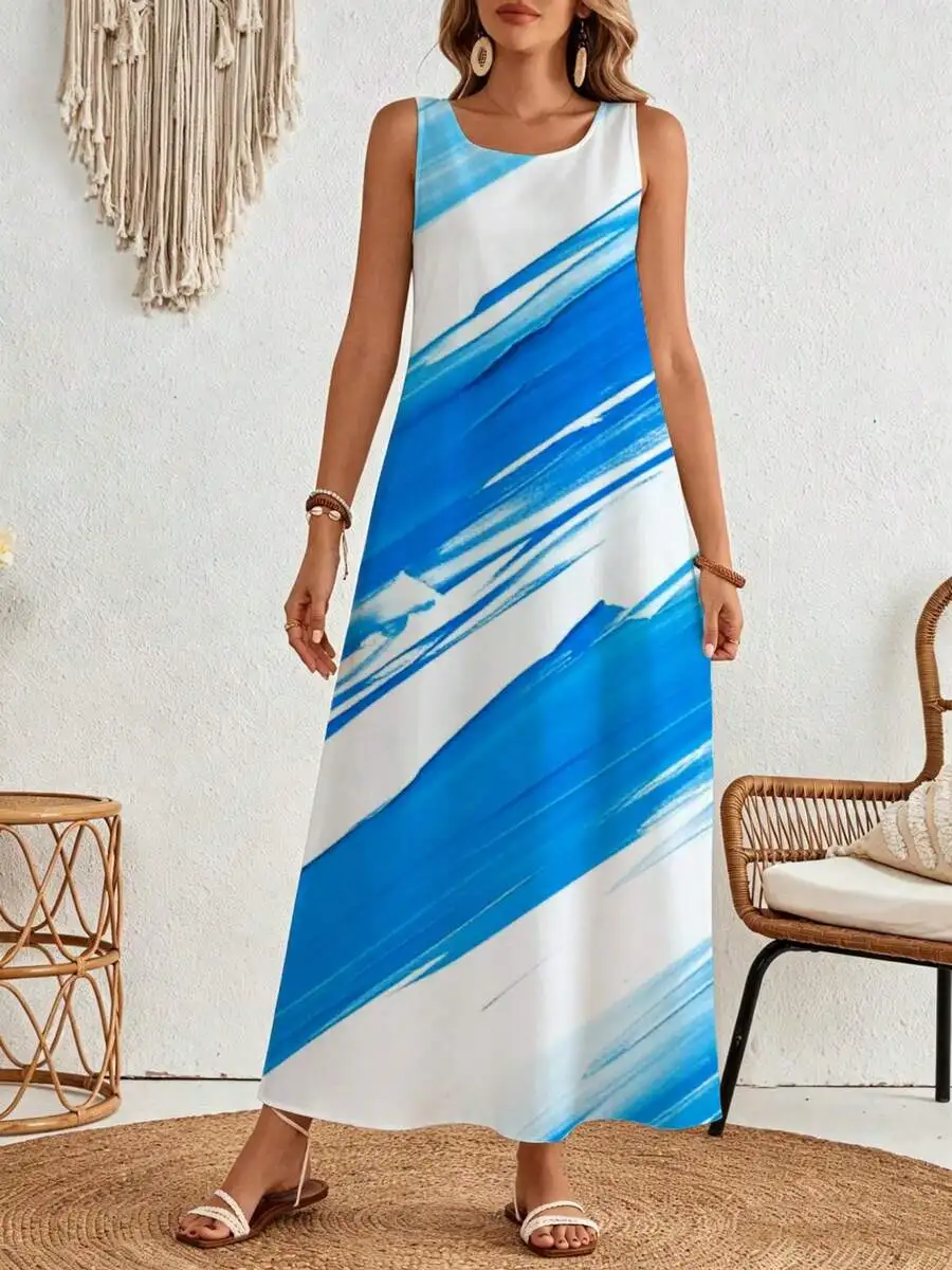 Sleeveless Maxi Dress White Blue Abstract Brushstroke Print Summer Beach Vacation Wear
Sleeveless Maxi Dress White Blue Abstract Brushstroke Print Summer Beach Vacation Wear