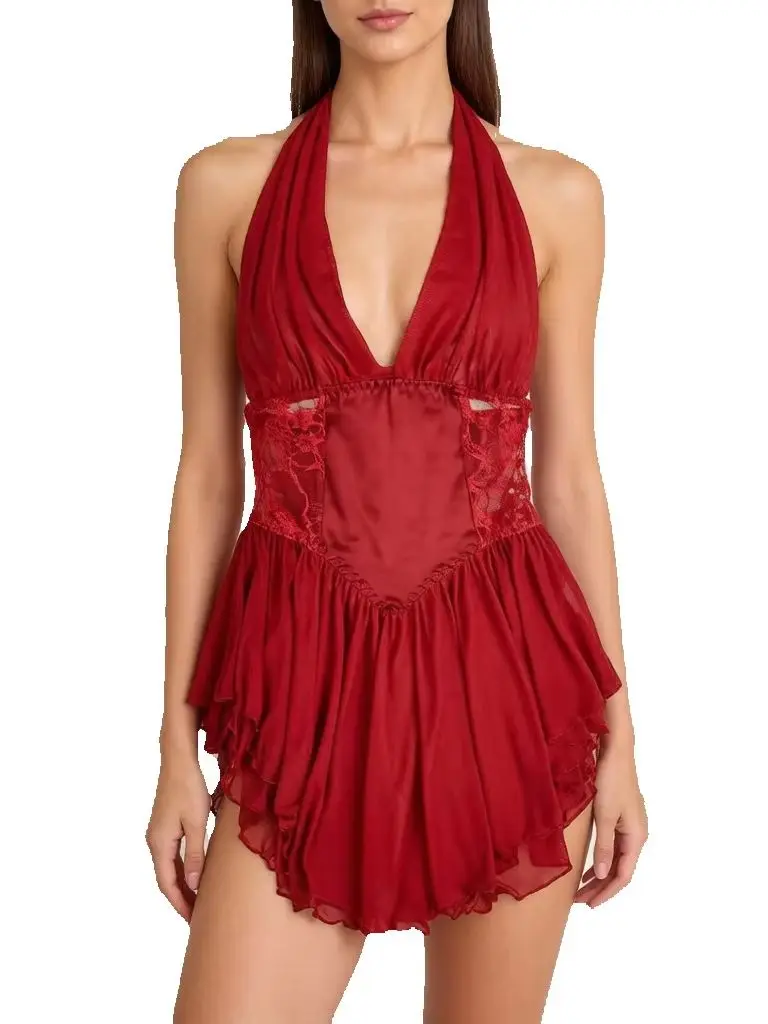 Red Halter Neck Lace Nightgown - Sexy Satin Chemise with Cut Out Waist, V-Neck Babydoll Sleepwear for Women
Red Halter Neck Lace Nightgown - Sexy Satin Chemise with Cut Out Waist, V-Neck Babydoll Sleepwear for Women