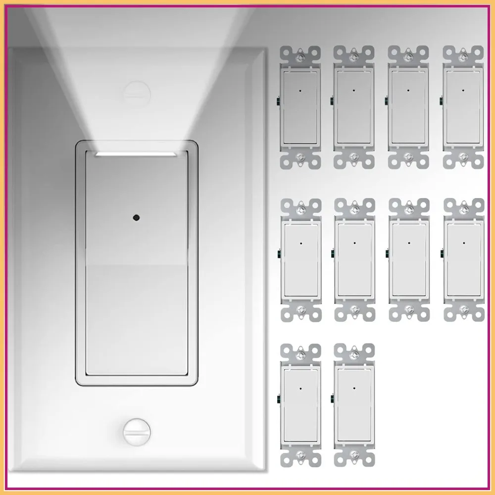 10 Pack Light Switch with LED Night Light 15Amp 120/277Volt Rocker Single Pole Wall Switch, Automatic On/Off Sensor
10 Pack Light Switch with LED Night Light 15Amp 120/277Volt Rocker Single Pole Wall Switch, Automatic On/Off Sensor