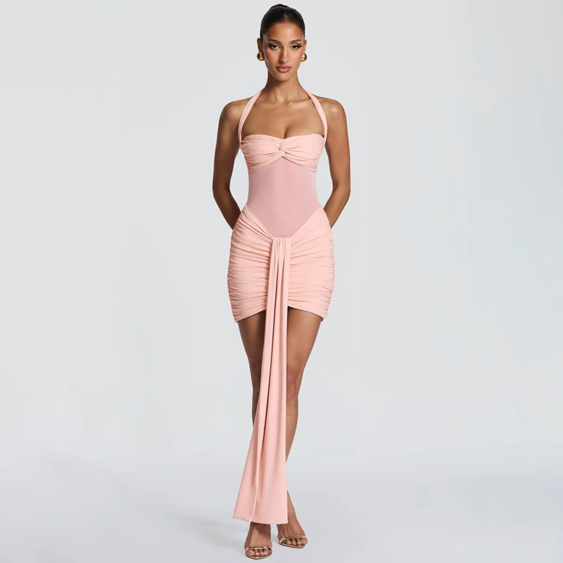 Summer Women Sexy Mini Dress Mesh Splicing Twist Halterneck Streamer Hip Wrap Dress Slim Style Daily Elegant Fashion Party Suit
Summer Women Sexy Mini Dress Mesh Splicing Twist Halterneck Streamer Hip Wrap Dress Slim Style Daily Elegant Fashion Party Suit