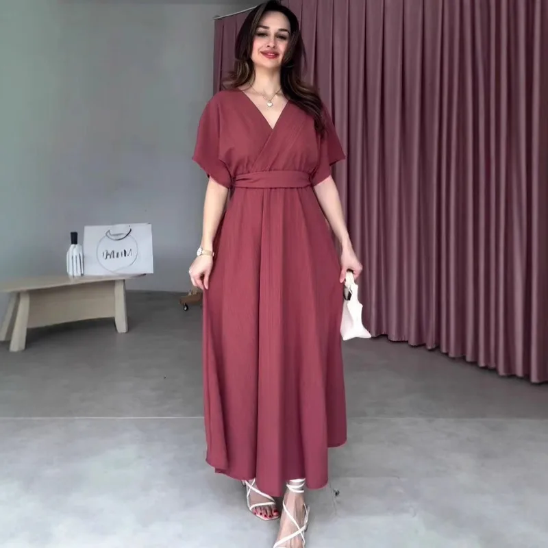 Spring European And American Style Solid Color Short Sleeve V Neck Belted Dress With Tie Waist Elegant And Charming Casual Wear
Spring European And American Style Solid Color Short Sleeve V Neck Belted Dress With Tie Waist Elegant And Charming Casual Wear