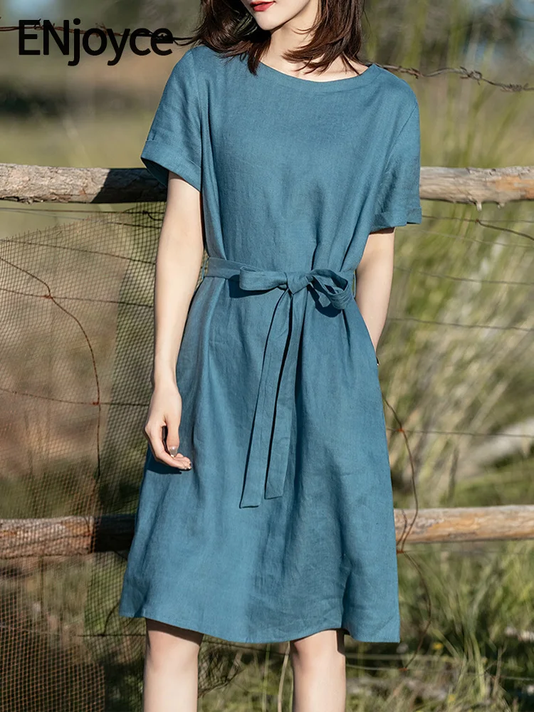 ENjoyce Summer Women Vintage Blue Linen Midi Dress Korean Style Loose Workwear Office Lady O-Neck Short Sleeve Dresses
ENjoyce Summer Women Vintage Blue Linen Midi Dress Korean Style Loose Workwear Office Lady O-Neck Short Sleeve Dresses