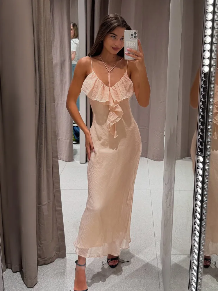 TRAFZA Women's 2025 Summer Sexy Sling Layer Decorative Lingerie Midi Dress Female Temperament Breathable Sleeveless Pink Dress
TRAFZA Women's 2025 Summer Sexy Sling Layer Decorative Lingerie Midi Dress Female Temperament Breathable Sleeveless Pink Dress