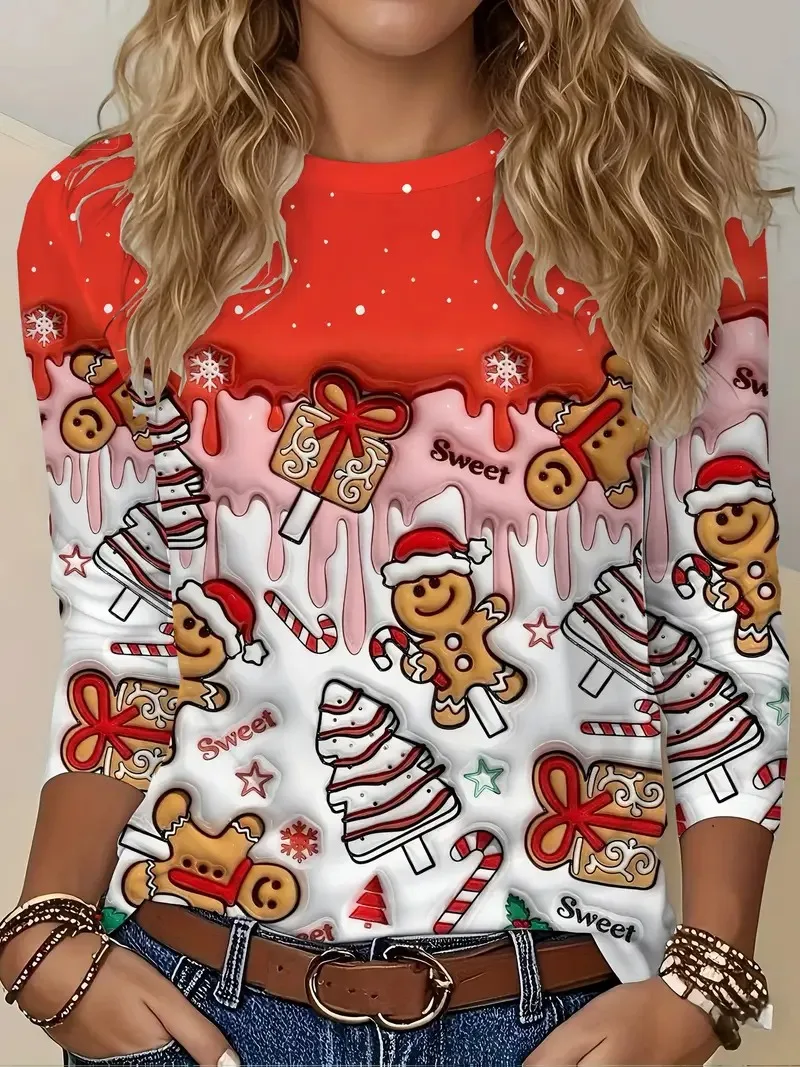 Fashion Christmas snowflake gingerbread 3D printed long sleeved women's T-shirt fashion New Year holiday party women's clothing
Fashion Christmas snowflake gingerbread 3D printed long sleeved women's T-shirt fashion New Year holiday party women's clothing