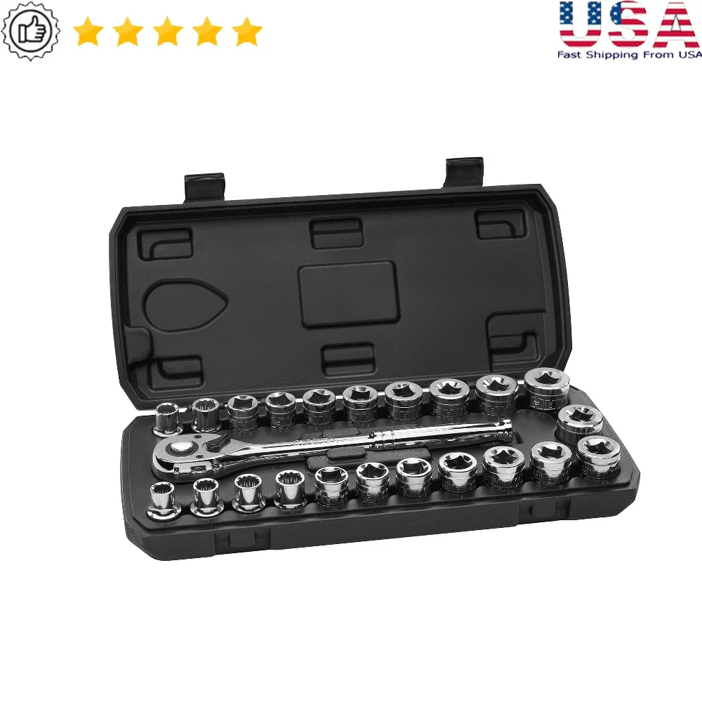 Набор механических головок с приводом 1/2 дюйма, 23 предмета, с хромированной отделкой, храповым механизмом, глубокими скважинами, прочный корпус, устойчивый к ржавчине 
Набор механических головок с приводом 1/2 дюйма, 23 предмета, с хромированной отделкой, храповым механизмом, глубокими скважинами, прочный корпус, устойчивый к ржавчине