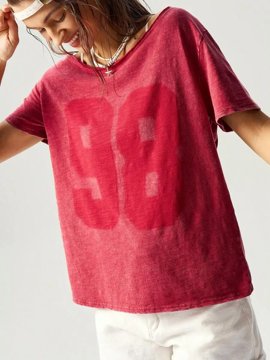 Casual Numeric Print Short Sleeve T-Shirt With Asymmetric Collar Summer Tops
Casual Numeric Print Short Sleeve T-Shirt With Asymmetric Collar Summer Tops