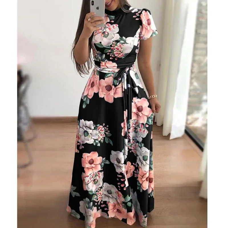 2023 Women Elegant Short Sleeve Flower Print Long Dress Women Casual Slim Sashes O-neck High Waist Robe Party Maxi Vestidos плат
2023 Women Elegant Short Sleeve Flower Print Long Dress Women Casual Slim Sashes O-neck High Waist Robe Party Maxi Vestidos плат