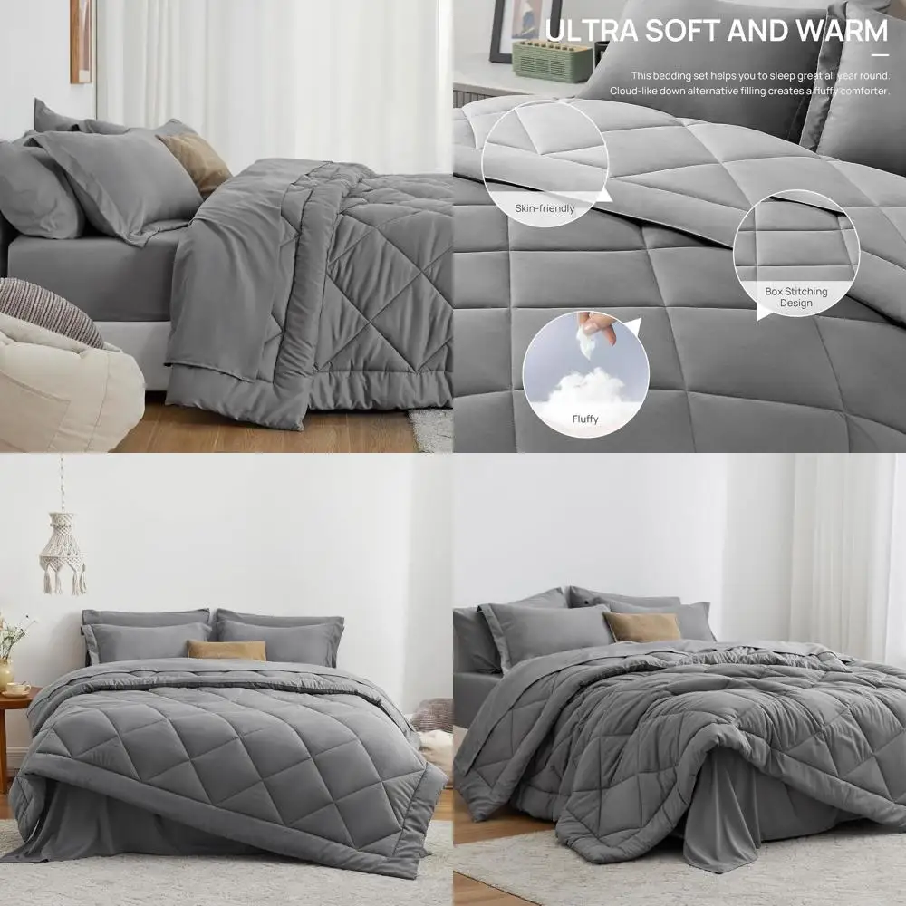 Grey 7-Piece King Comforter Set: All-Season Bedding with 1 Comforter, 1 Flat Sheet, 1 Fitted Sheet, 2 Pillowcases, 2 Shams
Grey 7-Piece King Comforter Set: All-Season Bedding with 1 Comforter, 1 Flat Sheet, 1 Fitted Sheet, 2 Pillowcases, 2 Shams