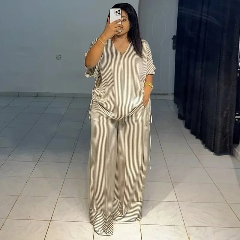 New casual loose V-neck striped short-sleeved top wide-leg trousers suit fashionable simple and versatile temperament elegant ho
New casual loose V-neck striped short-sleeved top wide-leg trousers suit fashionable simple and versatile temperament elegant ho