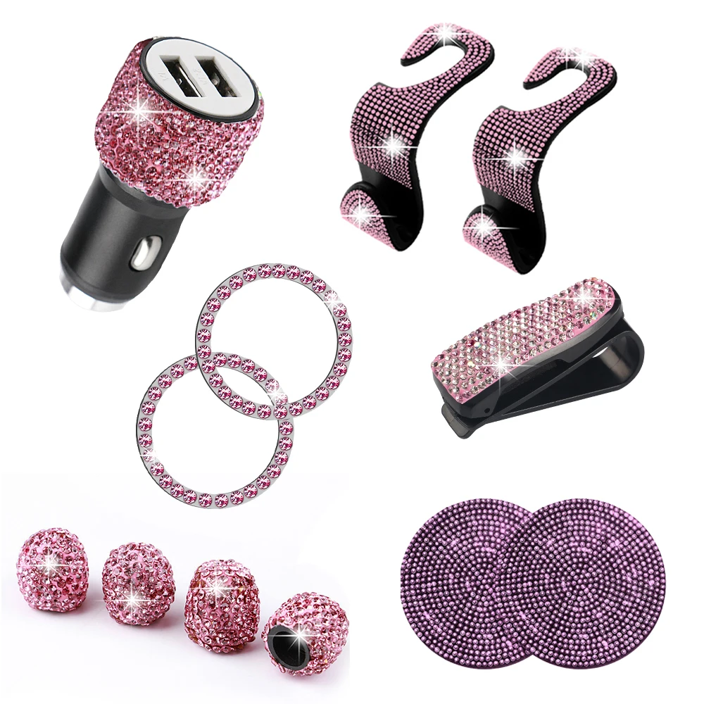 12pcs Crystal Diamond Car Charger Auto Coaster Hook One-Key Start Stickers Glasses Clip Wheel Caps Car Accessories Set for Women
12pcs Crystal Diamond Car Charger Auto Coaster Hook One-Key Start Stickers Glasses Clip Wheel Caps Car Accessories Set for Women