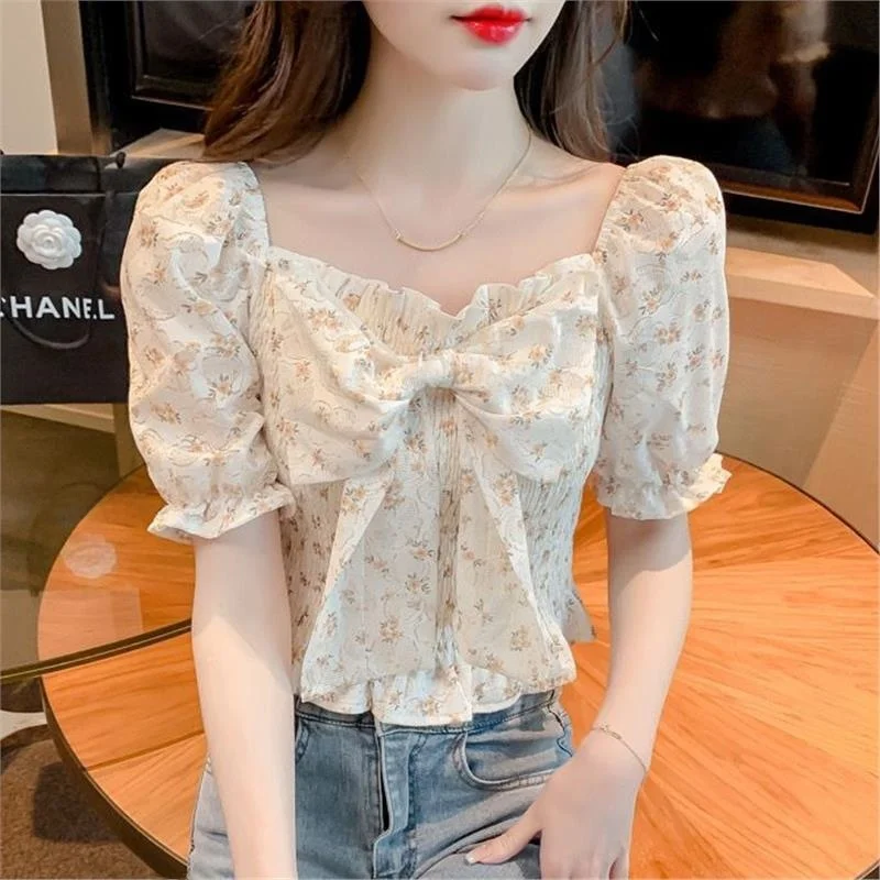 Sweet Floral Bowknot Short Shirt Women's Summer Slim Fit Waist Cinched Bubble Sleeve Top Ultra Fairylike Chiffon
Sweet Floral Bowknot Short Shirt Women's Summer Slim Fit Waist Cinched Bubble Sleeve Top Ultra Fairylike Chiffon
