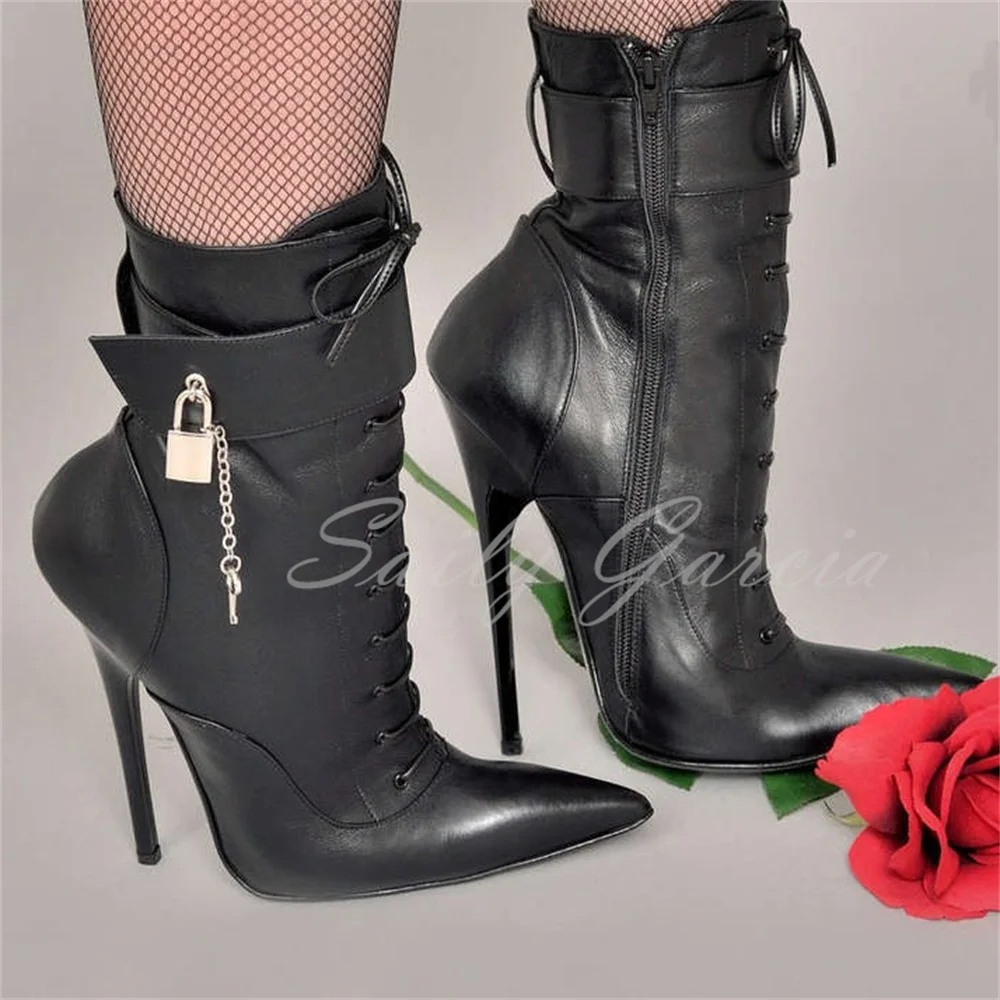 Black Leather Extreme-High Ankle Boot Women Sexy Pointed Toe Stilettos Metallic Lock Decor Lace Up Party Dress Short Boots
Black Leather Extreme-High Ankle Boot Women Sexy Pointed Toe Stilettos Metallic Lock Decor Lace Up Party Dress Short Boots