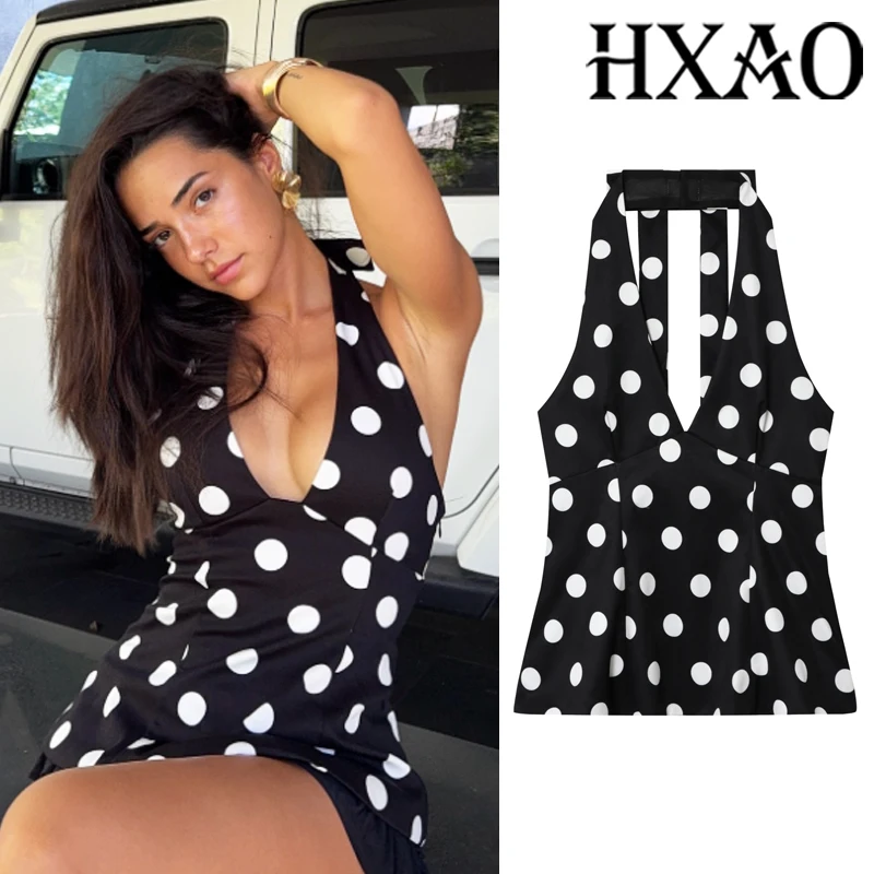 HXAO черные топы в горошек для женщин, летний женский корсетный укороченный топ без рукавов с лямкой на шее, женский сексуальный топ с бантом и открытой спиной, вечерние 
HXAO черные топы в горошек для женщин, летний женский корсетный укороченный топ без рукавов с лямкой на шее, женский сексуальный топ с бантом и открытой спиной, вечерние